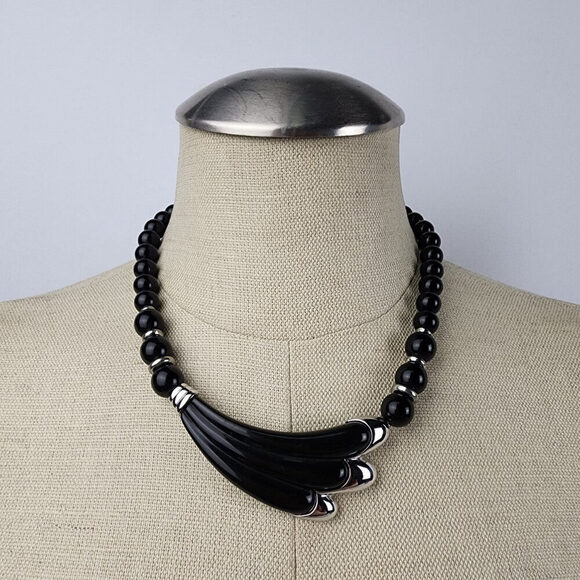 Vintage 80s Black Beaded Statement Necklace - Picture 1 of 6